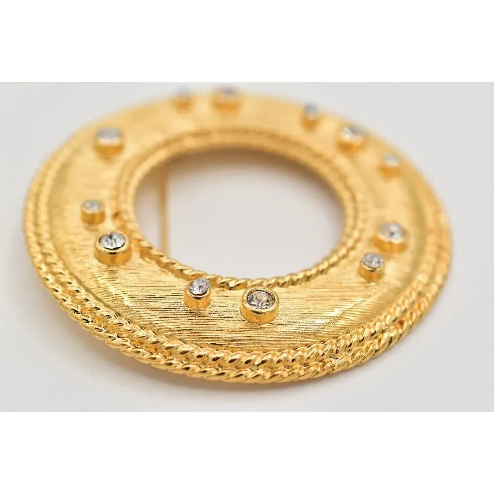 Vintage Chunky Round Pin Brooch Textured Matte Rhinestone Crystal Heavy 1980s 9B